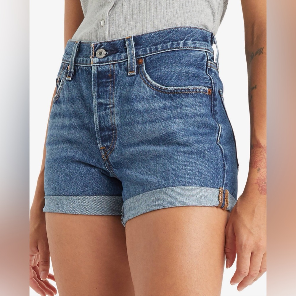 Levi's Blue Denim High-Rise Cuffed Jean Shorts